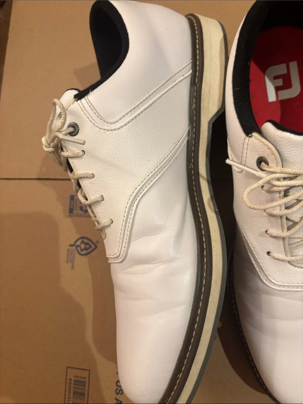 FootJoy White Leather Golf Oxfords with Black Collar and Red Insoles